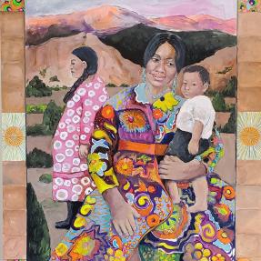 Mural of a mother and her kid with motifs within the clothes in front of a mountain background
