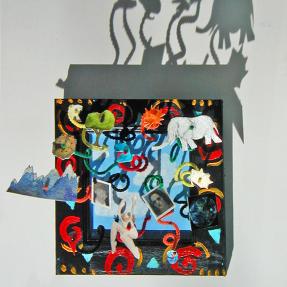 A mural of a collage with a shadow