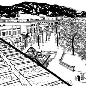 Black and white detailed sketch of Pearl Street 