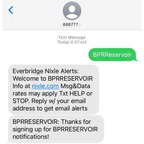 Captura de pantalla del registro para recibir alertas de texto de Parques y Recreación