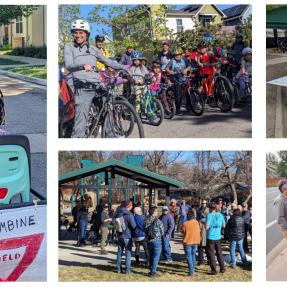 Collage of people gathered or biking and walking at different Iris Avenue project engagement events 