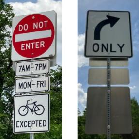 A red and white, Do Not Enter, sign posted for Monday through Friday between 7 a.m. and 7 p.m., except for bikes. There is also an image of a right-turn only sign.