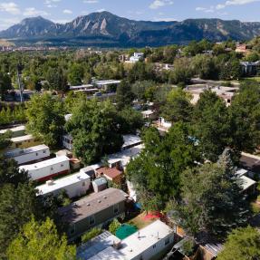 Aerial view of Mapleton mobile home park looking southwest with the Boulder flatirons in the background. 