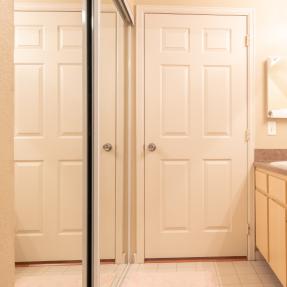 Bathroom view sink and large mirror