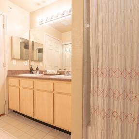 Bathroom view of sink and shower