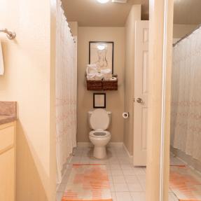 Bathroom with shower and toilet view