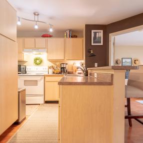Kitchen view island fridge and stove