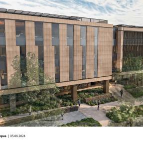 Render of side of large building spanning a block. Building has large windows and stone walls.
