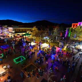 Colorful holiday lights decorating the Pearl Street Mall