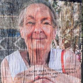 Artist image of a woman with text "more ways to include animals into community and public space."