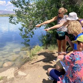 Amico campers on a field trip, looking in a lake