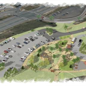 Illustrative plan of the new trailhead depicting safe, multi-modal access for bikes, shuttles, and trailers, as well as ample accessible and typical parking. 