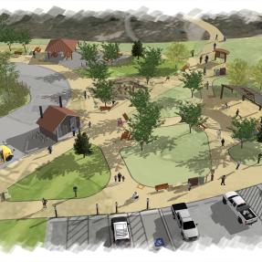 Illustrative plan of new trailhead visitor infrastructure including gathering areas, restroom, shade structures, bike racks, and seating.