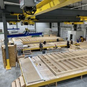Pre-framed modules in the Boulder Mod factory.