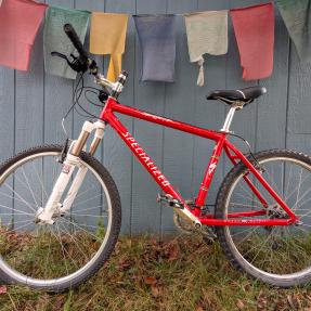 Red bicycle in front of a slate blue fence with prayer flags. 
