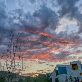 A sunset of pink and slate clouds from a path in front of a home in Boulder. 