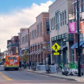 hop bus near e-scooter parking and e-bikes downtown