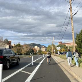 Street with people driving, walking on sidewalk, and biking on bike lane separated by paint buffer and white posts