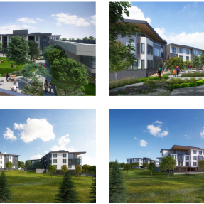 Representaciones exteriores de Penrose Place, un desarrollo de viviendas 100% permanentemente asequible de 113 unidades.