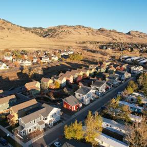 Drone shot of Ponderosa West Court looking northwest. 
