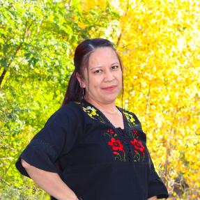 Person standing with a fall foliage background