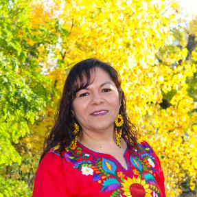 Person standing with a fall foliage background