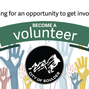 Colorful graphic hands raised in the air with text saying 'Looking for an opportunity to get involved? Become a volunteer.'