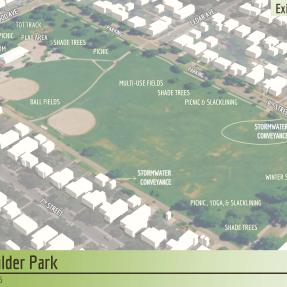 Aerial of North Boulder Park showing existing conditions such as uses, amenities, and stormwater conveyance.