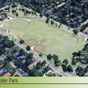 Aerial of North Boulder Park showing the proposed plan with some relocated amenities.