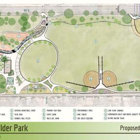 The proposed plan shows stormwater features, play and discovery nodes, little league ballfields, and preserves many of the park’s existing amenities and tree canopy.