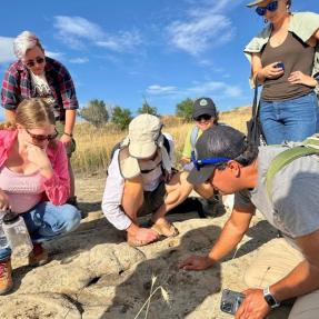 Participants on an environmental education program studying the rocks.