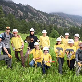 A group of young people wearing yellowing shirts standing in a green field in front of mountains.