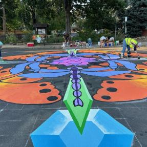 Abstract colorful mural in the road