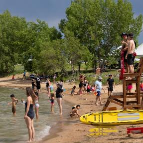 The Boulder Reservoir with staff and people enjoying the water