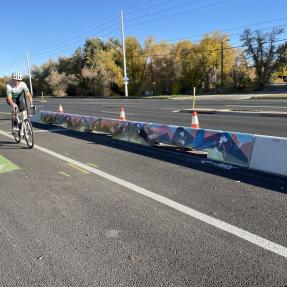 people biking next to decorated tall curbs along Baseline Road.