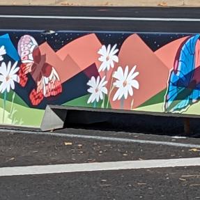 natural landscape design on tall concrete curbs with flowers and mountains