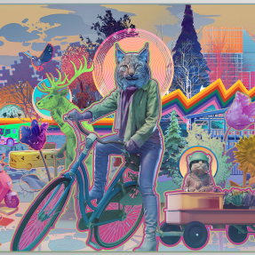 Colorful geometric image of bobcat on bike 