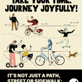Stylized campaign for Share The Path titled "Take Your Time Journey Joyfully" with wikers, walkers, rollers and pets using a path