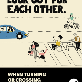 Stylized campaign for Share The Path titled "Look Out For Each Other" with wikers, walkers, rollers and pets using a path