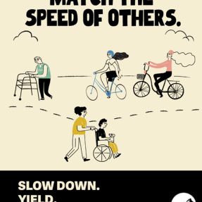 Stylized campaign for Share The Path titled "Match The Speed Of Others" with wikers, walkers, rollers and pets using a path