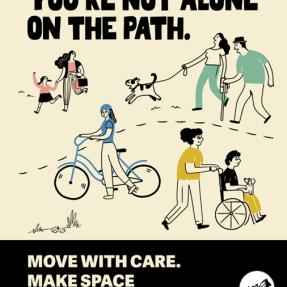 Stylized campaign for Share The Path titled "You're Not Alone On The Path" with wikers, walkers, rollers and pets using a path