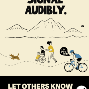 Stylized campaign for Share The Path titled "Signal Audibly" with wikers, walkers, rollers and pets using a path