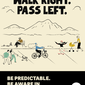 Stylized campaign for Share The Path titled "Walk Right Pass Left" with wikers, walkers, rollers and pets using a path