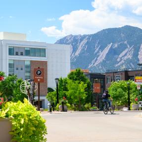 Buildings with the Flatirons in the background