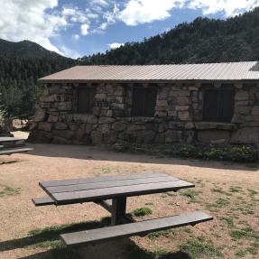 Two picnic tables with the Halfway House in the background.