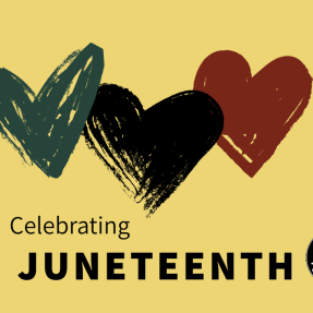 Graphic with hearts and the city's logo and words: Celebrating Juneteenth