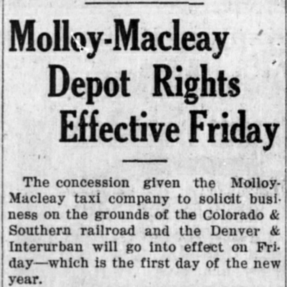 1925 newspaper clipping Molloy-Macleay Depot Rights Effective Friday