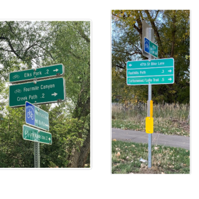 Examples of green and white bikeway signs 