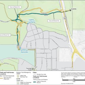 Map showing the existing Foothills North Trail alignment in green, which will be closed and restored once the new trail alignment, shown in yellow, is built. 