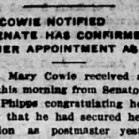 Miss Cowie Notified newspaper cliipping